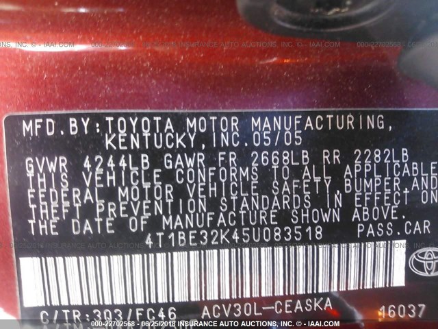 4T1BE32K45U083518 - 2005 TOYOTA CAMRY LE/XLE/SE RED photo 9