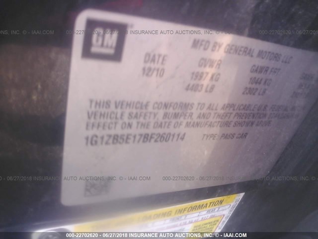 1G1ZB5E17BF260114 - 2011 CHEVROLET MALIBU LS შავი ფოტო 9