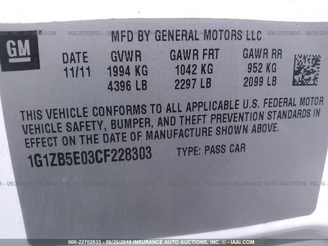 1G1ZB5E03CF228303 - 2012 CHEVROLET MALIBU LS Ağ foto 9