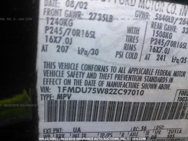 1FMDU75W82ZC97010 - 2002 FORD EXPLORER LIMITED 黑色 照片 9