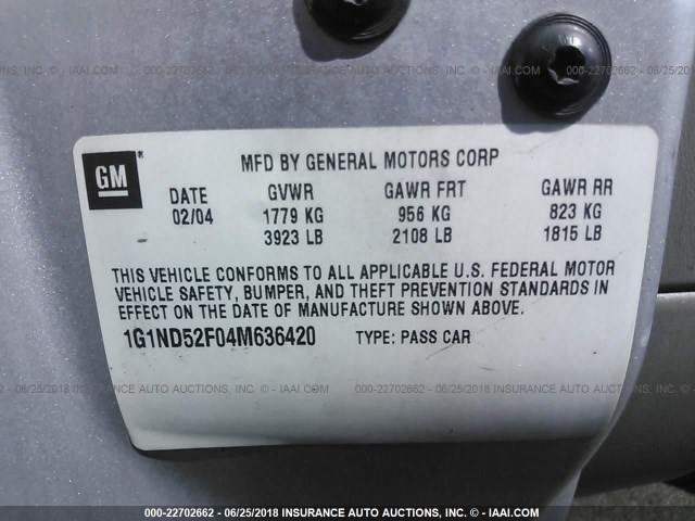1G1ND52F04M636420 - 2004 CHEVROLET CLASSIC SILVER photo 9