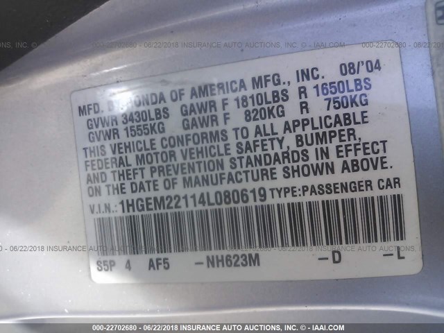 1HGEM22114L080619 - 2004 HONDA CIVIC DX VP SILVER photo 9