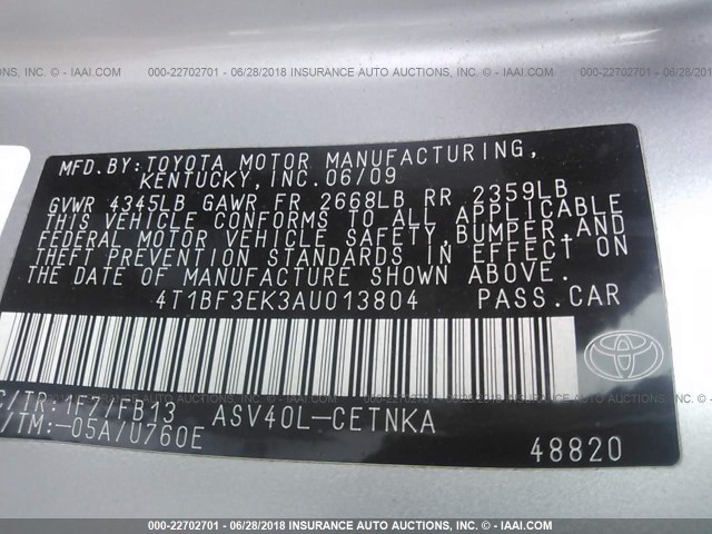 4T1BF3EK3AU013804 - 2010 TOYOTA CAMRY SE/LE/XLE SILVER photo 9