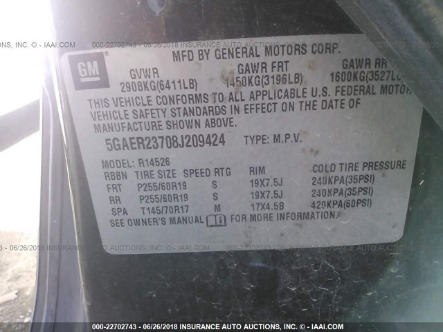 5GAER23708J209424 - 2008 BUICK ENCLAVE CXL 黑色 照片 9