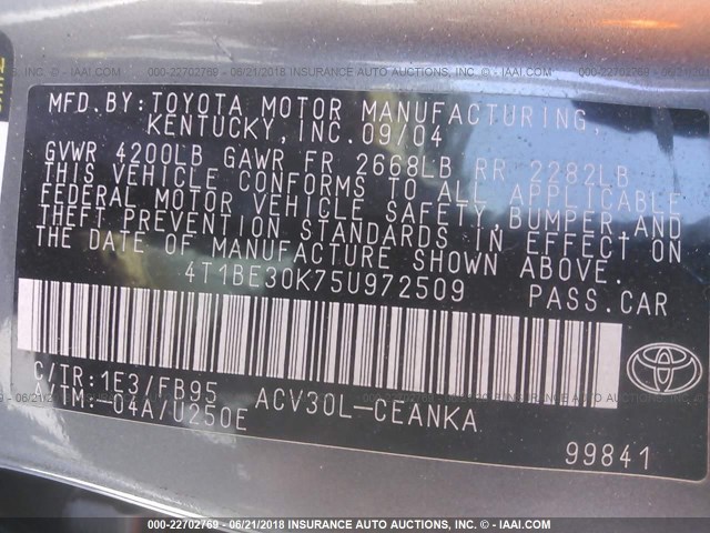 4T1BE30K75U972509 - 2005 TOYOTA CAMRY LE/XLE/SE Boz foto 9