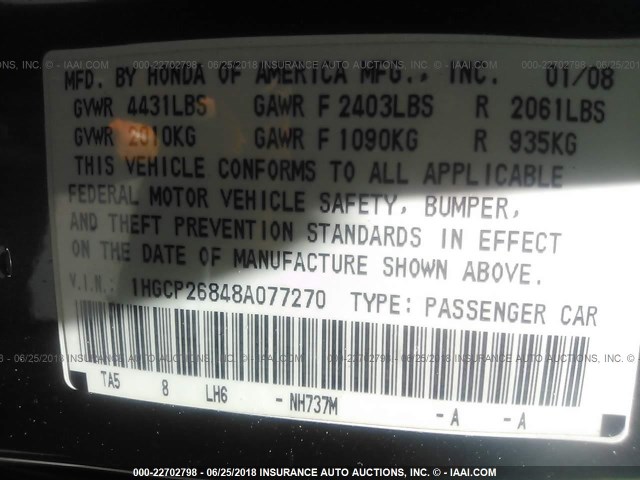 1HGCP26848A077270 - 2008 HONDA ACCORD EXL GRAY photo 9