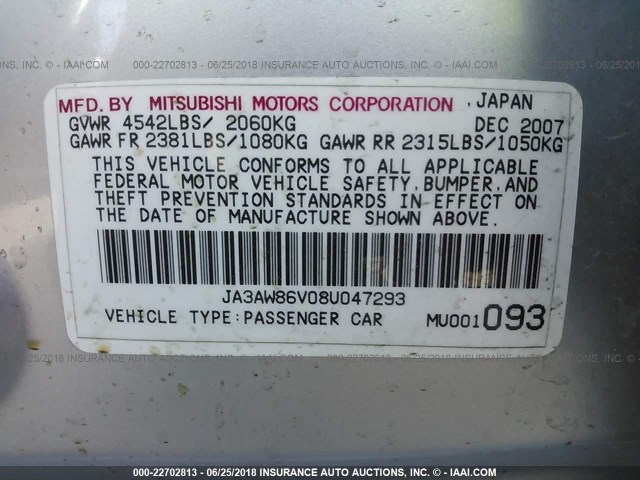 JA3AW86V08U047293 - 2008 MITSUBISHI LANCER EVOLUTION GSR SILVER photo 9