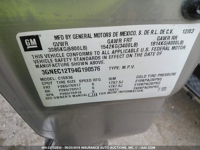 3GNEC12T94G190576 - 2004 CHEVROLET AVALANCHE C1500 GRAY photo 9