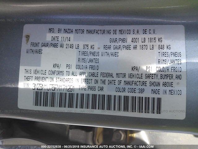 3MZBM1U75FM171291 - 2015 MAZDA 3 SILVER photo 9