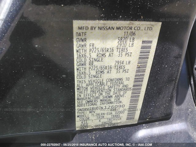 5N1BV28U07N126090 - 2007 NISSAN QUEST S/SE/SL GRAY photo 9