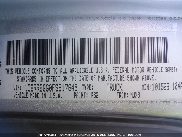 1C6RR6GG0FS517645 - 2015 RAM 1500 SLT SILVER photo 9