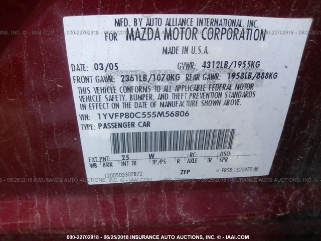 1YVFP80C555M56806 - 2005 MAZDA 6 I RED photo 9