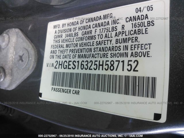 2HGES16325H587152 - 2005 HONDA CIVIC DX VP GRAY photo 9