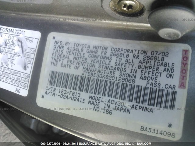 JTDBE30K820129068 - 2002 TOYOTA CAMRY LE/XLE/SE Boz foto 9