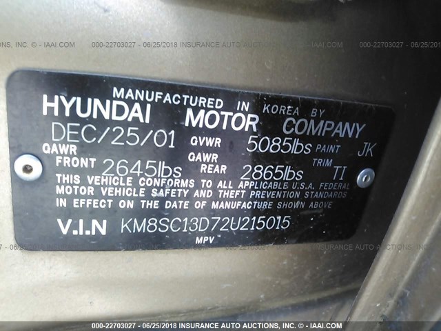 KM8SC13D72U215015 - 2002 HYUNDAI SANTA FE GLS/LX GOLD photo 9