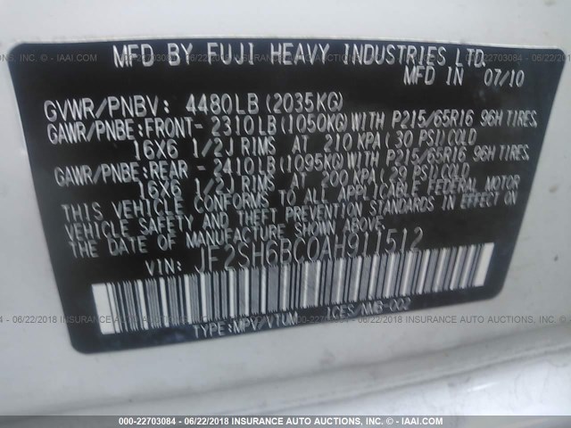 JF2SH6BC0AH911512 - 2010 SUBARU FORESTER XS Білий фото 9