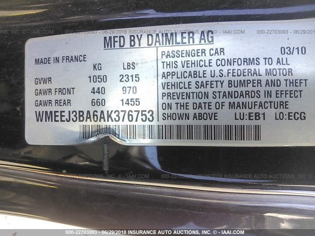 WMEEJ3BA6AK376753 - 2010 SMART FORTWO PURE/PASSION YELLOW photo 9