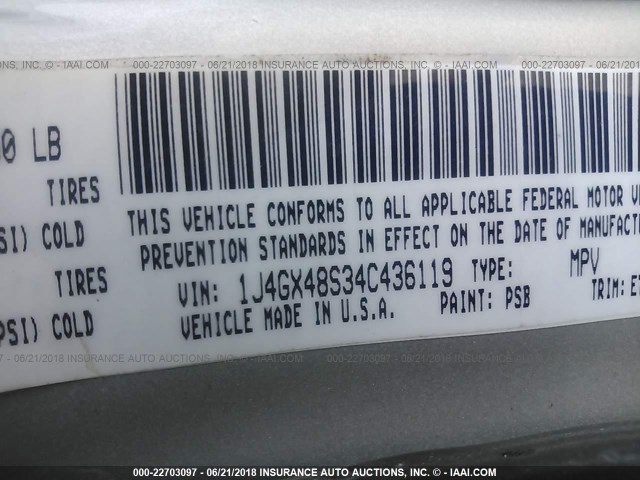 1J4GX48S34C436119 - 2004 JEEP GRAND CHEROKEE LAREDO/COLUMBIA/FREEDOM SILVER photo 9