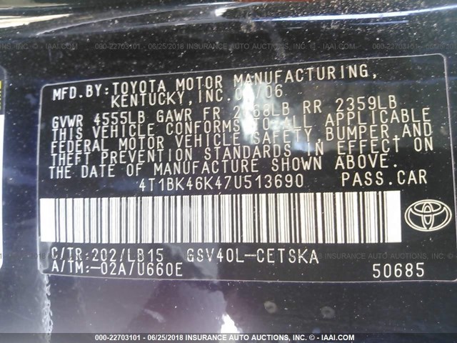 4T1BK46K47U513690 - 2007 TOYOTA CAMRY NEW GENERAT LE/XLE/SE BLACK photo 9