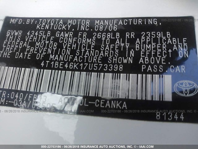 4T1BE46K17U573398 - 2007 TOYOTA CAMRY NEW GENERAT CE/LE/XLE/SE WHITE photo 9