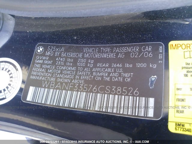 WBANF33576CS38526 - 2006 BMW 525 XI BLUE photo 9