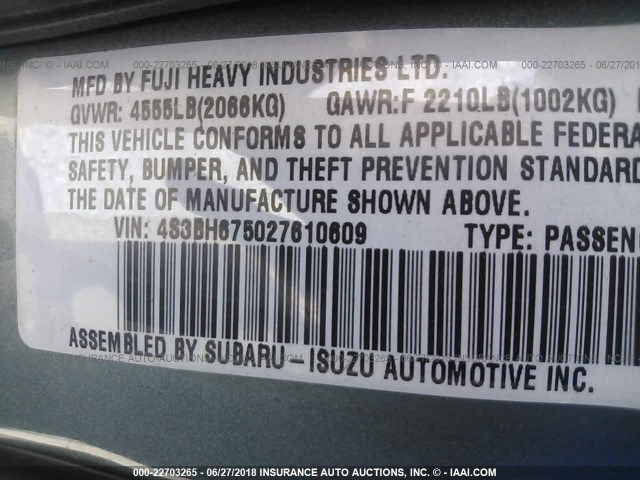 4S3BH675027610609 - 2002 SUBARU LEGACY OUTBACK AWP 绿色 照片 9