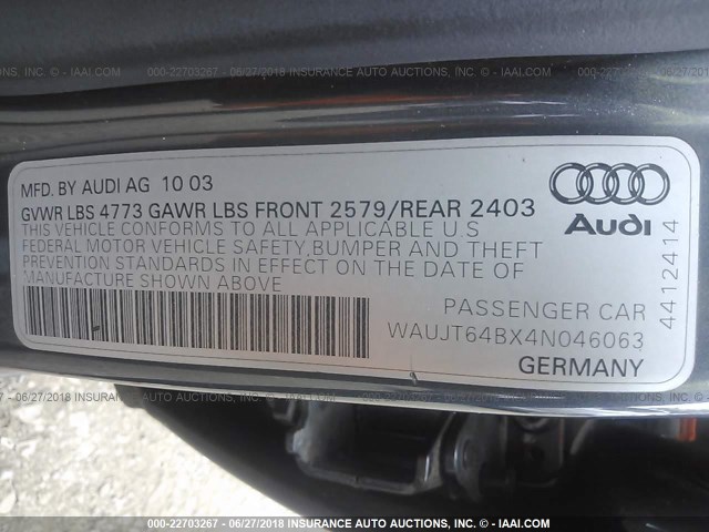 WAUJT64BX4N046063 - 2004 AUDI A6 3 GRAY photo 9