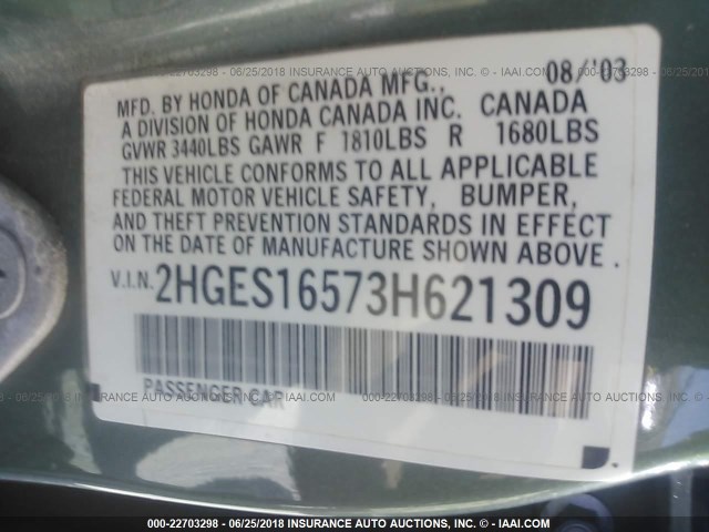 2HGES16573H621309 - 2003 HONDA CIVIC LX GREEN photo 9