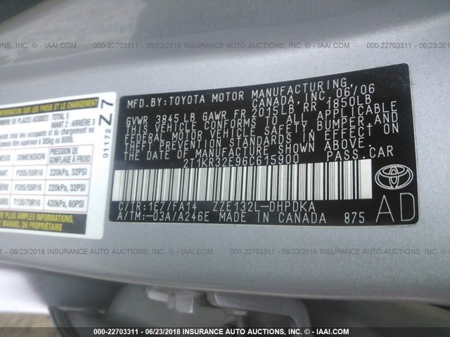 2T1KR32E96C615900 - 2006 TOYOTA COROLLA MATRIX XR SILVER photo 9