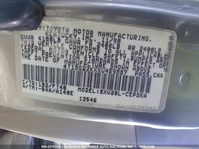 4T1BG22KXXU459887 - 1999 TOYOTA CAMRY CE/LE/XLE TAN photo 9