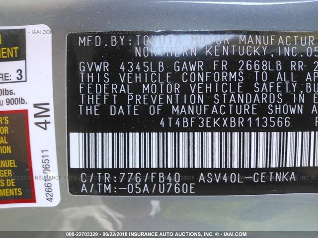 4T4BF3EKXBR113566 - 2011 TOYOTA CAMRY SE/LE/XLE ტურკოუსი ფოტო 9