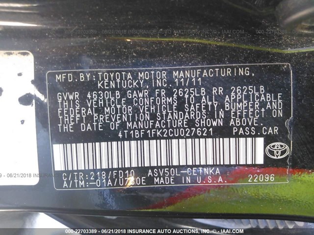 4T1BF1FK2CU027621 - 2012 TOYOTA CAMRY SE/LE/XLE შავი ფოტო 9