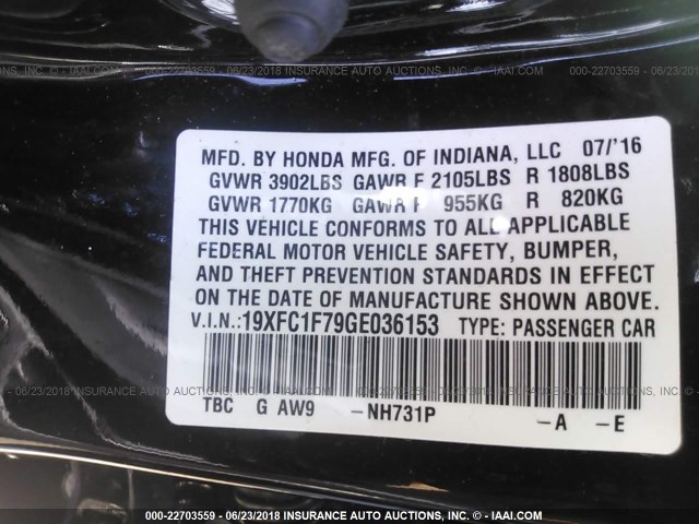 19XFC1F79GE036153 - 2016 HONDA CIVIC EXL BLACK photo 9