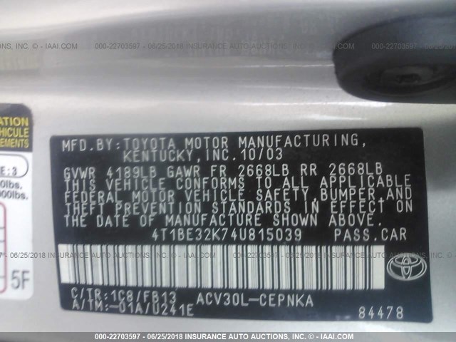 4T1BE32K74U815039 - 2004 TOYOTA CAMRY LE/XLE/SE ვერცხლისფერი ფოტო 9