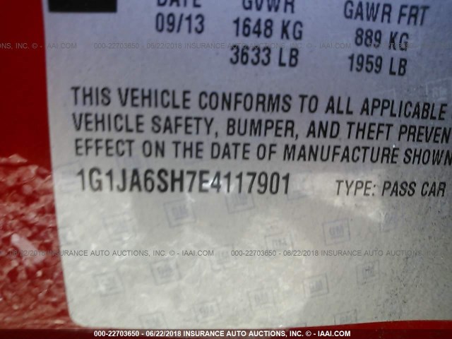 1G1JA6SH7E4117901 - 2014 CHEVROLET SONIC LS 红色 照片 9