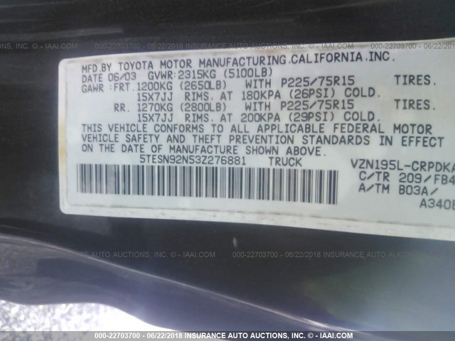 5TESN92N53Z276881 - 2003 TOYOTA TACOMA XTRACAB PRERUNNER შავი ფოტო 9