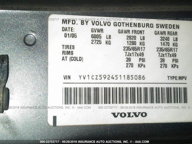 YV1CZ592451185086 - 2005 VOLVO XC90 GRAY photo 9