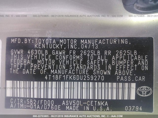 4T1BF1FK6DU259270 - 2013 TOYOTA CAMRY L/SE/LE/XLE 金色 照片 9