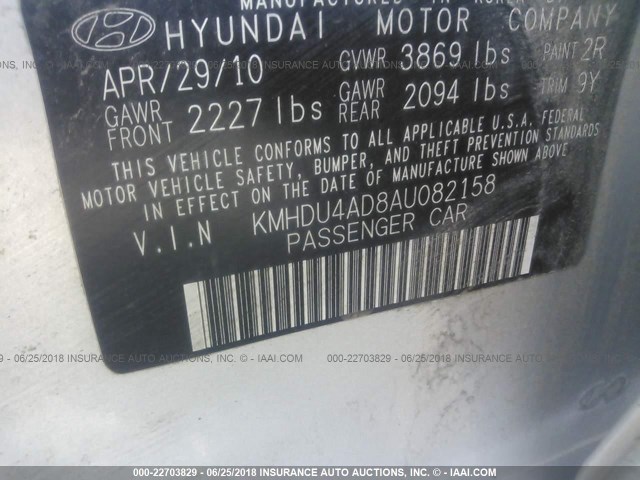 KMHDU4AD8AU082158 - 2010 HYUNDAI ELANTRA BLUE/GLS/SE SILVER photo 9