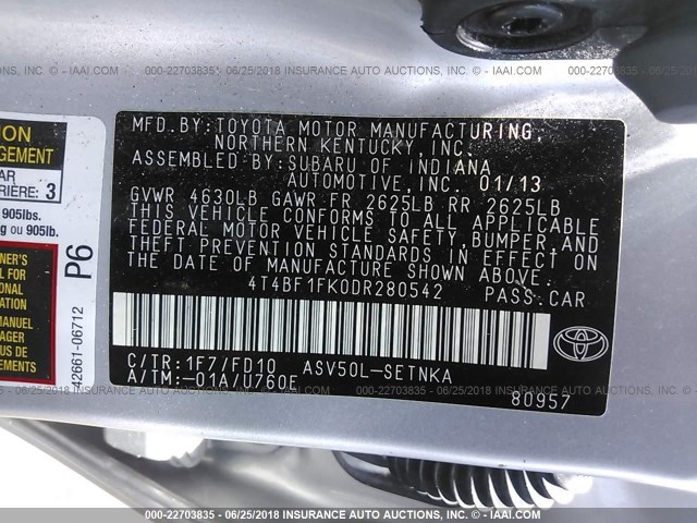 4T4BF1FK0DR280542 - 2013 TOYOTA CAMRY L/SE/LE/XLE 银色 照片 9