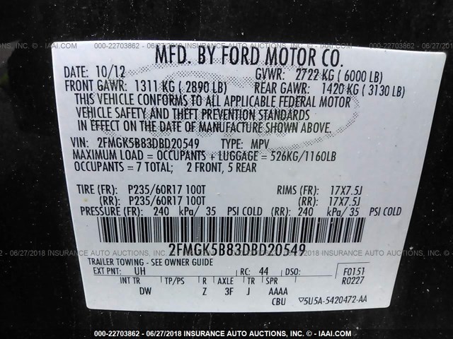 2FMGK5B83DBD20549 - 2013 FORD FLEX SE BLACK photo 9