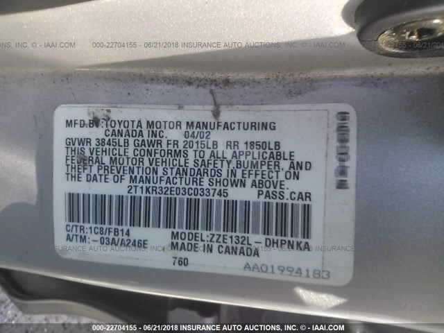 2T1KR32E03C033745 - 2003 TOYOTA COROLLA MATRIX XR SILVER photo 9