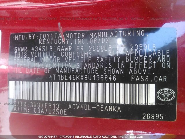 4T1BE46KX8U196846 - 2008 TOYOTA CAMRY CE/LE/XLE/SE RED photo 9