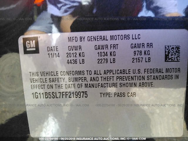 1G11B5SL7FF219975 - 2015 CHEVROLET MALIBU LS შავი ფოტო 9