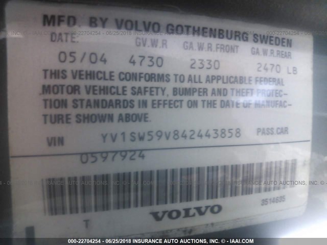 YV1SW59V842443858 - 2004 VOLVO V70 FWD TURQUOISE photo 9