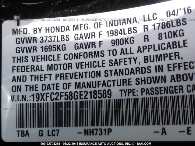 19XFC2F58GE218589 - 2016 HONDA CIVIC LX BLACK photo 9