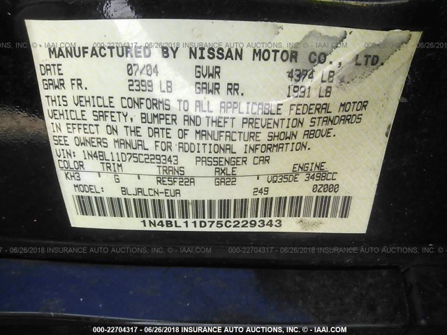 1N4BL11D75C229343 - 2005 NISSAN ALTIMA SE/SL/SE-R BLACK photo 8