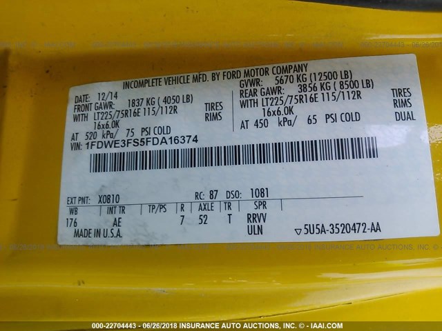 1FDWE3FS5FDA16374 - 2015 FORD ECONOLINE E350 SUPER DUTY CTWAY VAN YELLOW photo 10