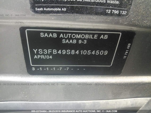 YS3FB49S841054509 - 2004 SAAB 9-3 LINEAR GRAY photo 9