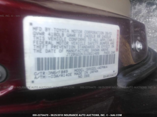 JT2BG22K310601489 - 2001 TOYOTA CAMRY CE/LE/XLE RED photo 9